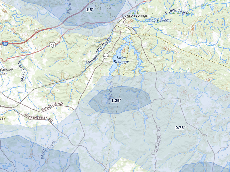 NEXRAD radar-signature map of the hail storm over Dawson Springs, KY on Jul 9, 2026