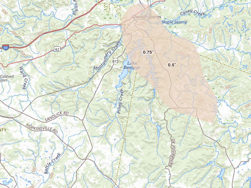 Radar-estimated hail-size map of the storm over Dawson Springs, KY on Jul 21, 2026