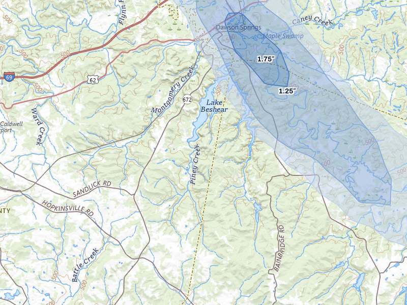 NEXRAD radar-signature map of the hail over Dawson Springs, KY