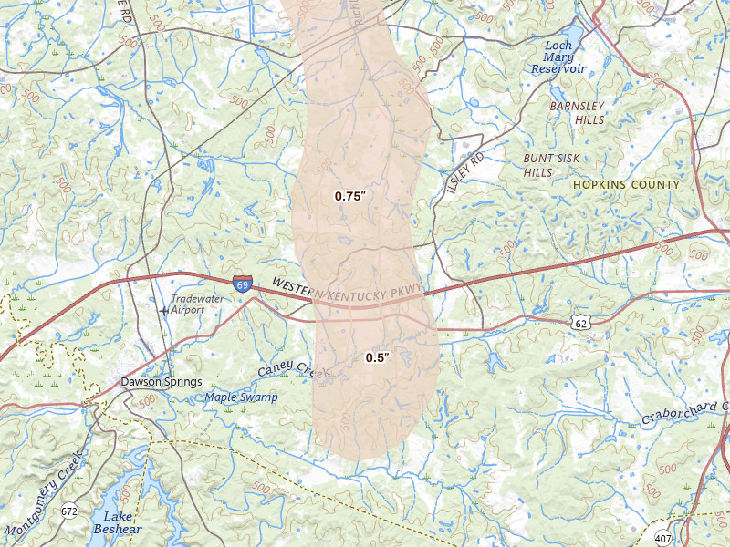 Radar-estimated hail-size map of the storm over Dawson Springs, KY on Aug 8, 2026