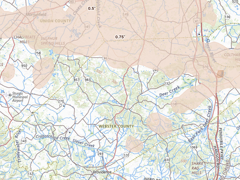 Radar-estimated hail-size map of the storm over Dixon, KY on Apr 27, 2026