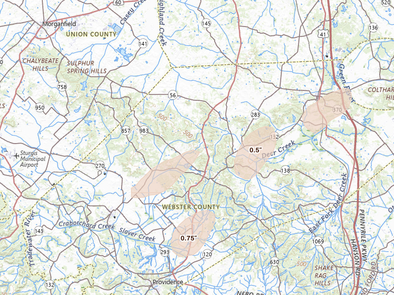 Radar-estimated hail-size map of the storm over Dixon, KY on May 19, 2026
