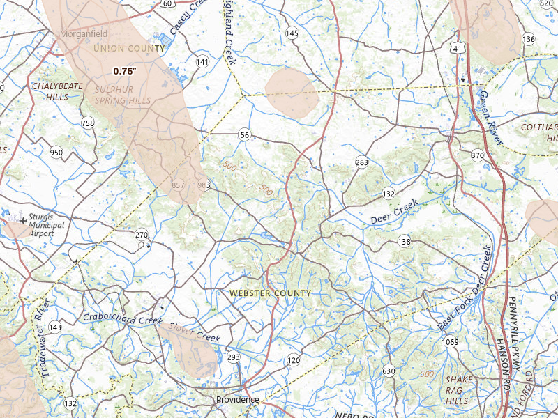 Radar-estimated hail-size map of the storm over Dixon, KY on Jul 26, 2026