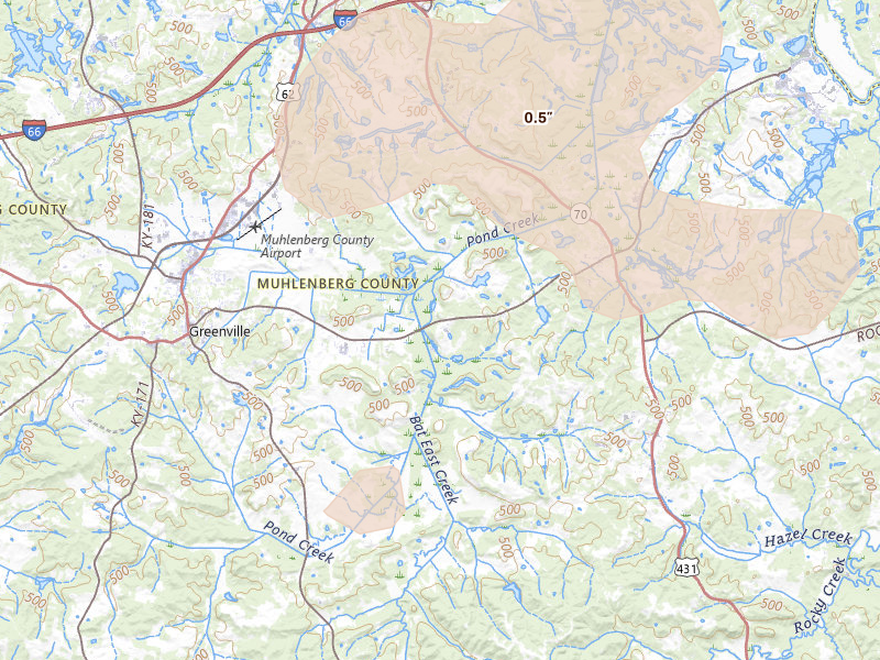 Radar-estimated hail-size map of the storm over Drakesboro, KY on Apr 27, 2026