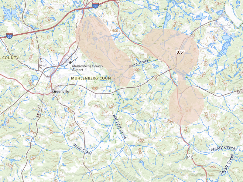 Radar-estimated hail-size map of the storm over Drakesboro, KY on Jul 5, 2026