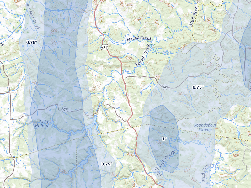 NEXRAD radar-signature map of the hail storm over Dunmor, KY on Jul 3, 2026