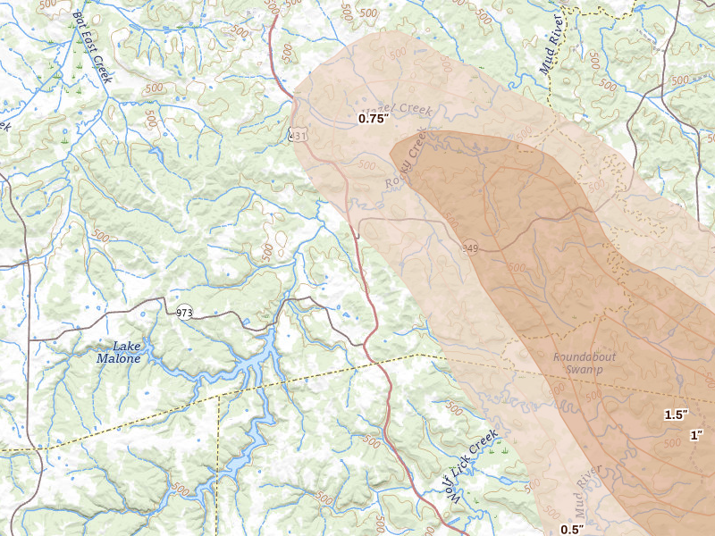 Radar-estimated hail-size map of the storm over Dunmor, KY on Jul 21, 2026