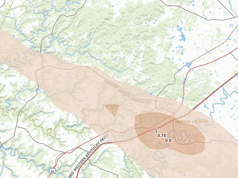 Radar-estimated hail-size map of the storm over Eastview, KY on Aug 22, 2026