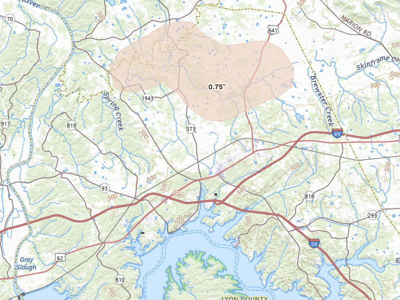 Radar-estimated hail-size map of the storm over Eddyville, KY on Jul 4, 2026