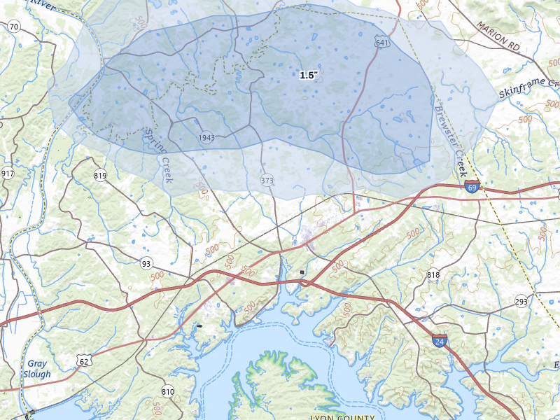 NEXRAD radar-signature map of the hail over Eddyville, KY