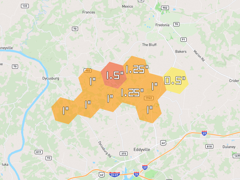 Hail map of Eddyville, KY on Jul 4, 2026, hail up to 1.5"