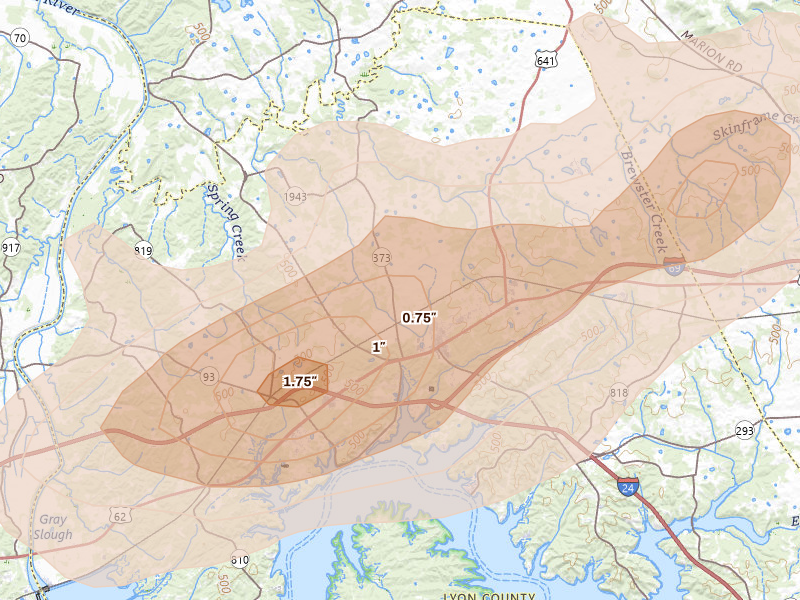 Radar-estimated hail-size map of the storm over Eddyville, KY on Jul 9, 2026