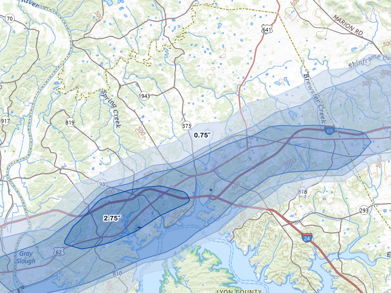 NEXRAD radar-signature map of the hail storm over Eddyville, KY on Jul 9, 2026
