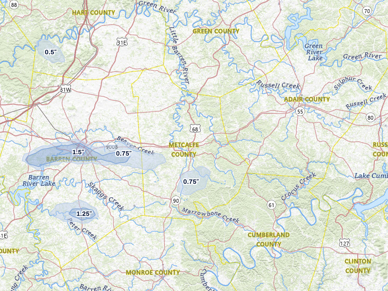 NEXRAD radar-signature map of the hail storm over Edmonton, KY on Jul 9, 2026