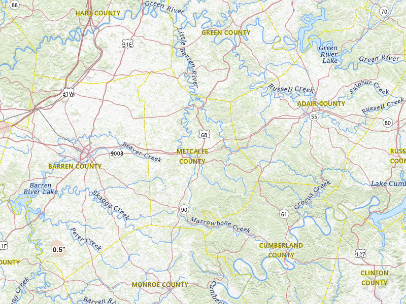 Radar-estimated hail-size map of the storm over Edmonton, KY on Jul 10, 2026