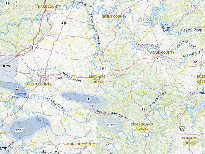 NEXRAD radar-signature map of the hail storm over Edmonton, KY on Jul 10, 2026