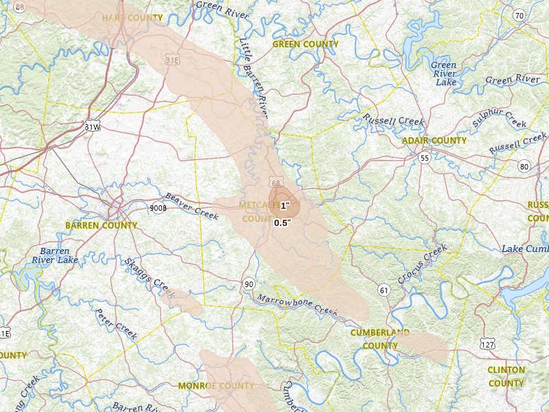 Radar-estimated hail-size map of the storm over Edmonton, KY on Jul 21, 2026