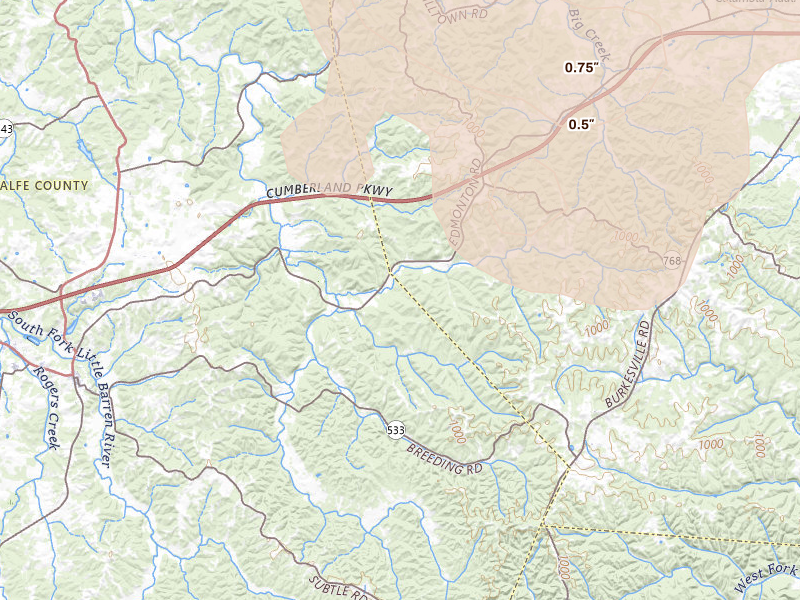 Radar-estimated hail-size map of the storm over Edmonton, KY on Aug 11, 2026