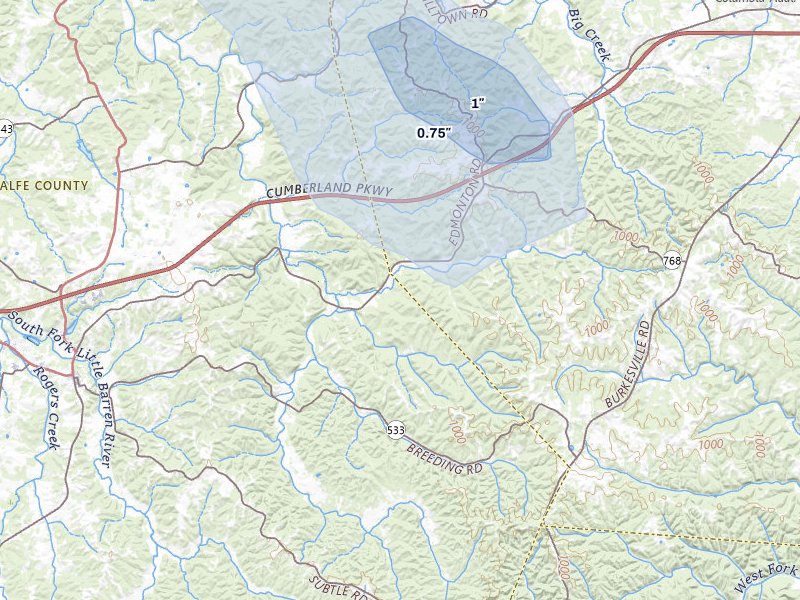 NEXRAD radar-signature map of the hail storm over Edmonton, KY on Aug 11, 2026