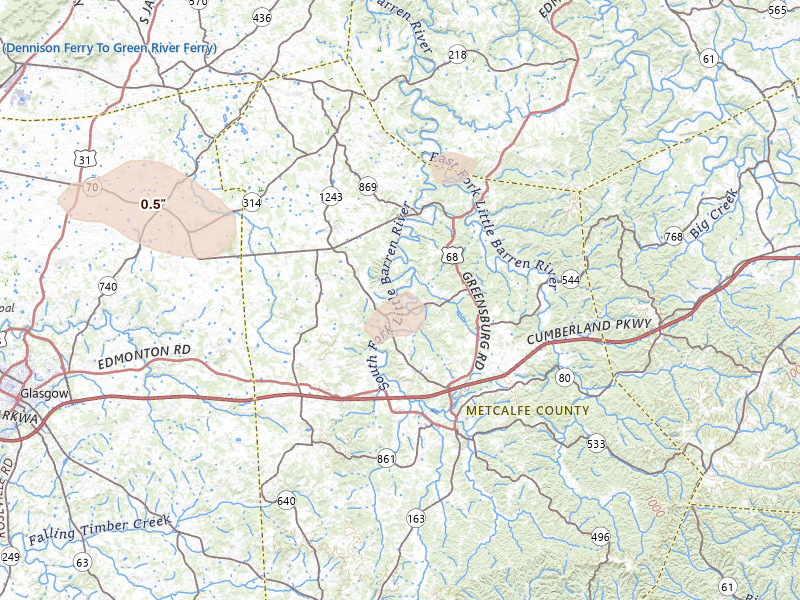 Radar-estimated hail-size map of the storm over Edmonton, KY on Aug 12, 2026
