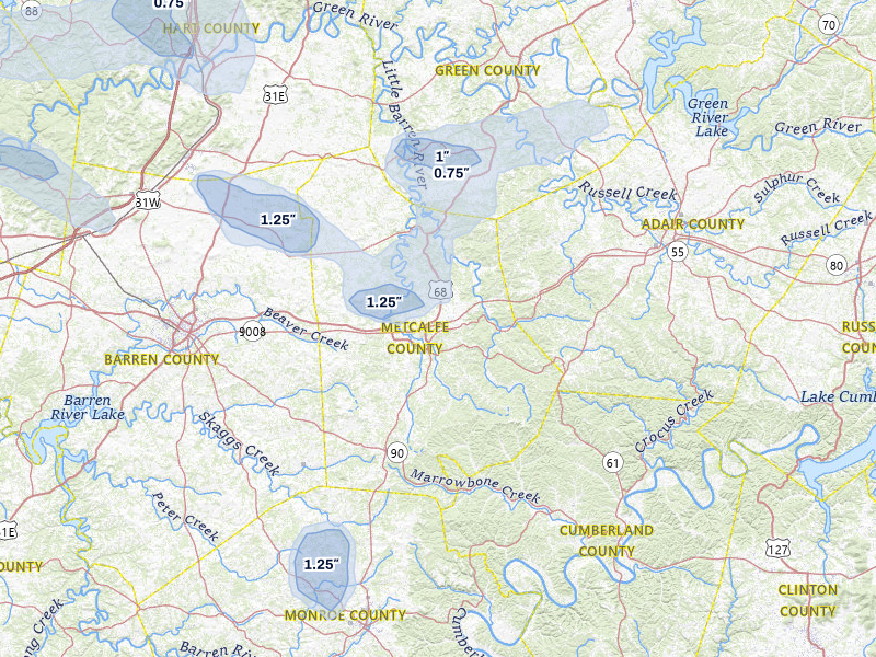 NEXRAD radar-signature map of the hail storm over Edmonton, KY on Aug 12, 2026