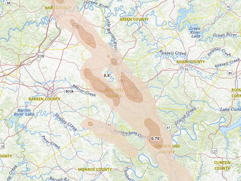 Radar-estimated hail-size map of the storm over Edmonton, KY on Aug 22, 2026