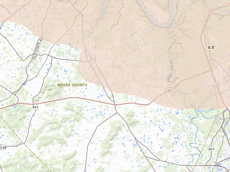 Radar-estimated hail-size map of the storm over Ekron, KY on Jul 21, 2026