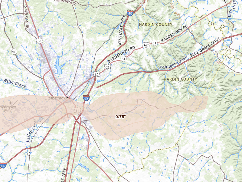 Radar-estimated hail-size map of the storm over Elizabethtown, KY on Apr 1, 2026