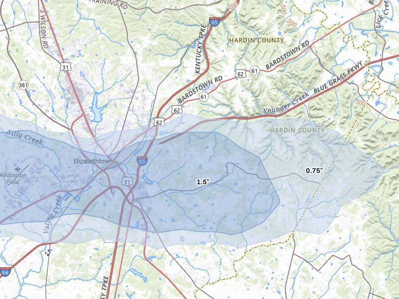 NEXRAD radar-signature map of the hail storm over Elizabethtown, KY on Apr 1, 2026