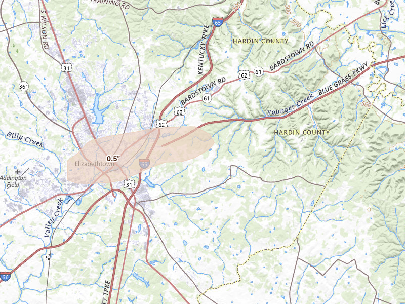 Radar-estimated hail-size map of the storm over Elizabethtown, KY on Apr 28, 2026