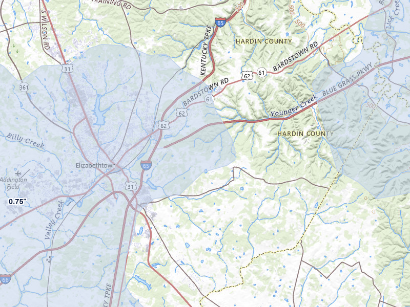 NEXRAD radar-signature map of the hail over Elizabethtown, KY