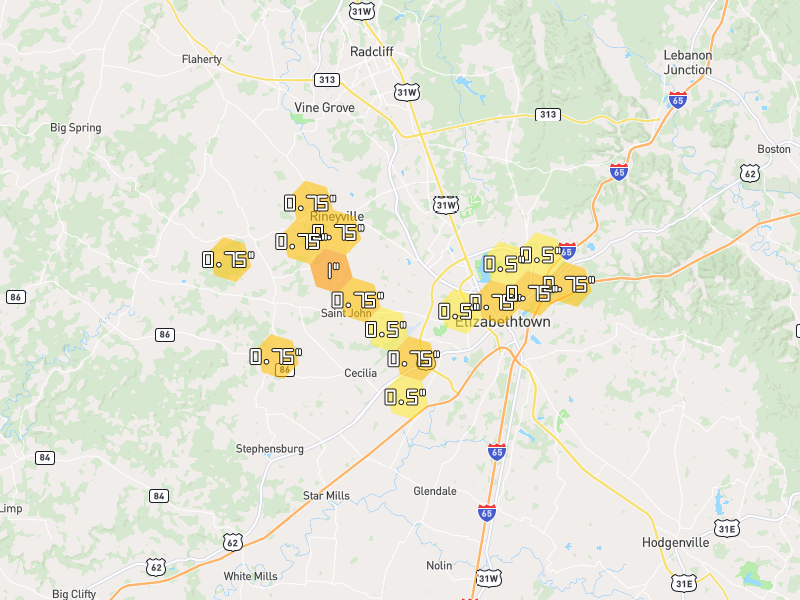 Hail map of Elizabethtown, KY on Jul 21, 2026, hail up to 1"