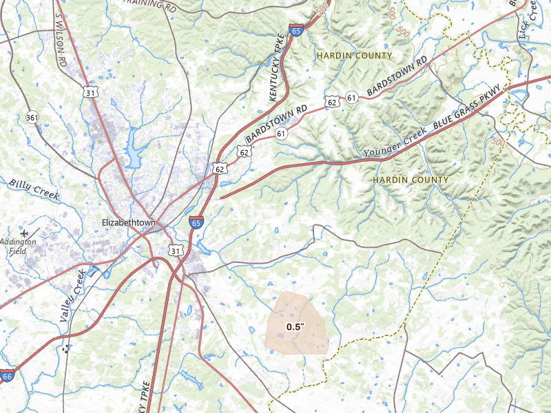 Radar-estimated hail-size map of the storm over Elizabethtown, KY on Jul 26, 2026