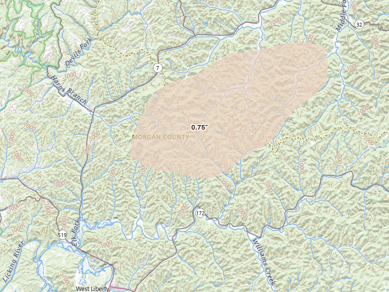 Radar-estimated hail-size map of the storm over Elkfork, KY on May 20, 2026
