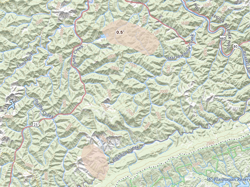 Radar-estimated hail-size map of the storm over Elkhorn City, KY on Aug 14, 2026