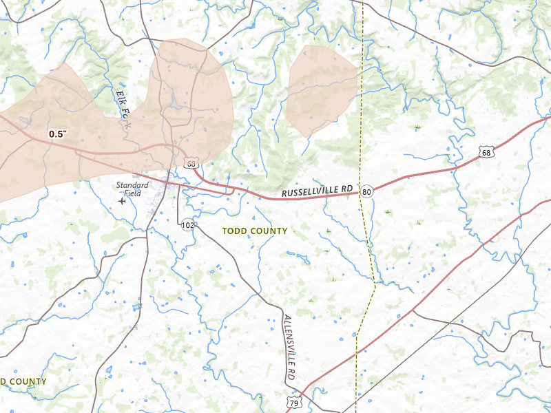 Radar-estimated hail-size map of the storm over Elkton, KY on Apr 27, 2026