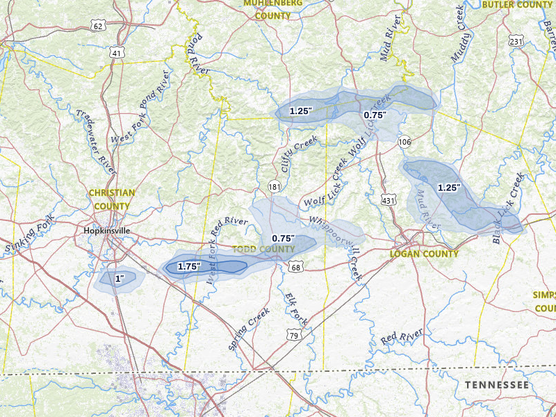 NEXRAD radar-signature map of the hail over Elkton, KY
