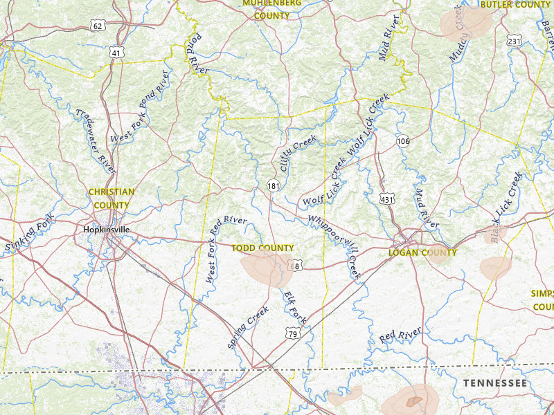 Radar-estimated hail-size map of the storm over Elkton, KY on Jun 9, 2026
