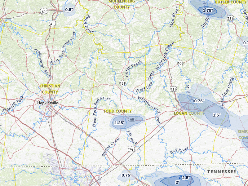 NEXRAD radar-signature map of the hail storm over Elkton, KY on Jun 9, 2026