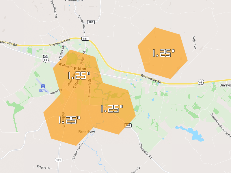 Hail map of Elkton, KY on Jun 9, 2026, hail up to 1.25"