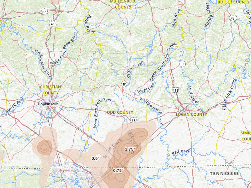 Radar-estimated hail-size map of the storm over Elkton, KY on Jul 2, 2026