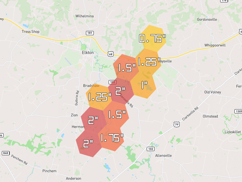 Hail map of Elkton, KY on Jul 2, 2026, hail up to 2"