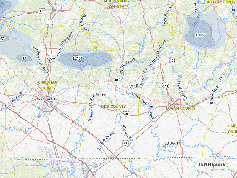 NEXRAD radar-signature map of the hail storm over Elkton, KY on Jul 9, 2026