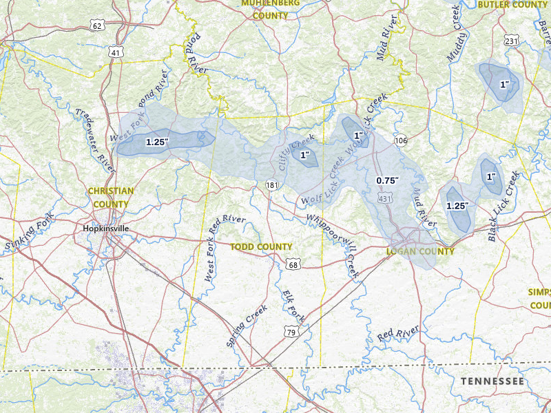 NEXRAD radar-signature map of the hail storm over Elkton, KY on Jul 10, 2026