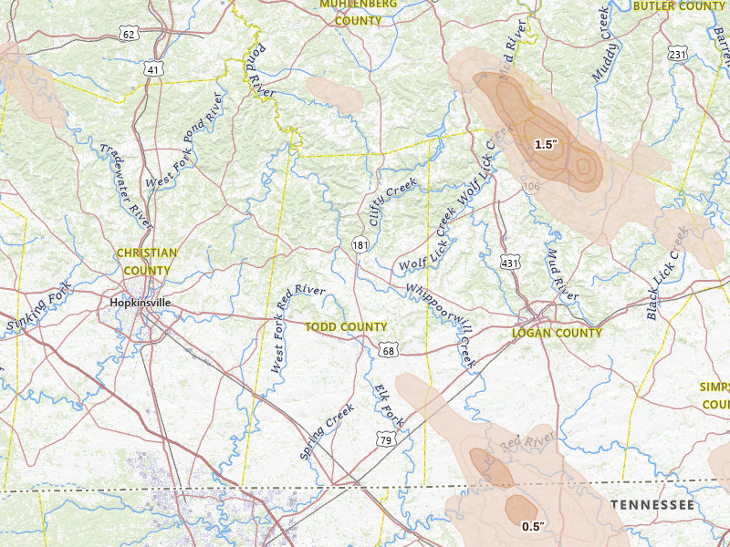 Radar-estimated hail-size map of the storm over Elkton, KY on Jul 21, 2026