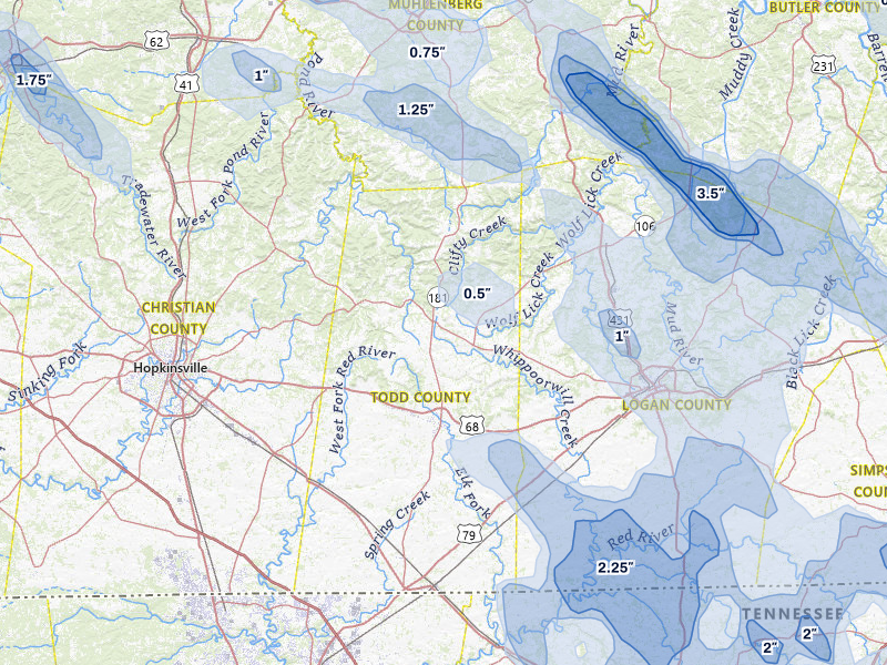 NEXRAD radar-signature map of the hail over Elkton, KY