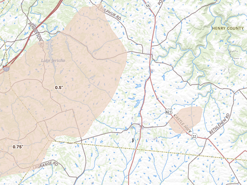 Radar-estimated hail-size map of the storm over Eminence, KY on May 16, 2026