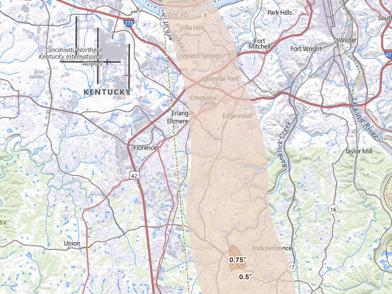 Radar-estimated hail-size map of the storm over Erlanger, KY on Sep 5, 2026