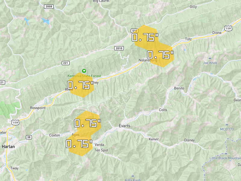 Hail map of Evarts, KY on Jul 28, 2026, hail up to 0.75"