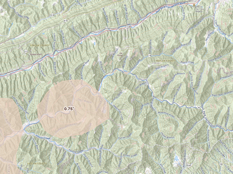 Radar-estimated hail-size map of the storm over Evarts, KY